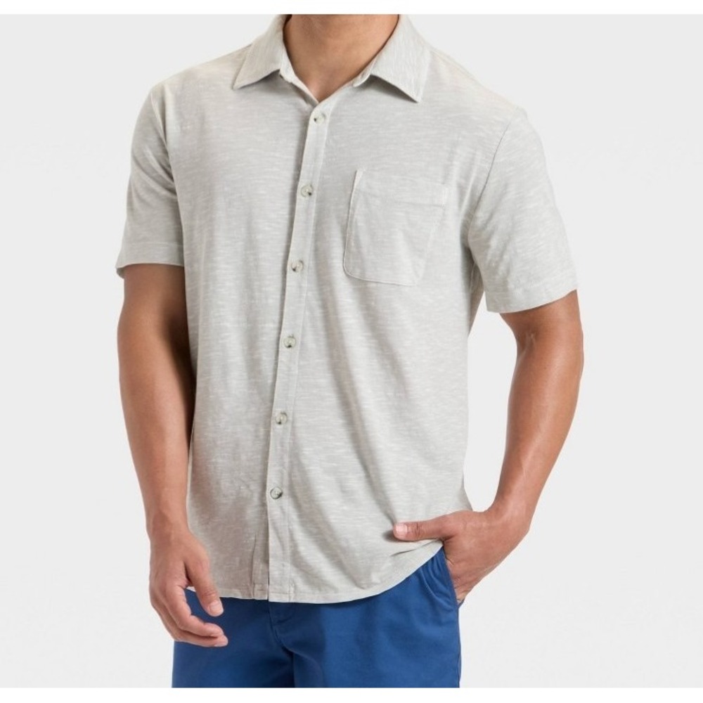 Men's Short Sleeve Slub Button-Down Shirt - Goodfellow & Co stone size XXL